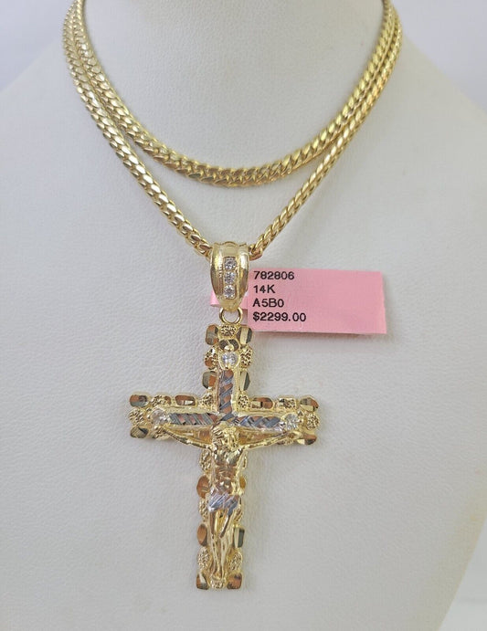 Real 14k Solid Chain Cross Charm Set Miami Cuban Link 3mm Necklace Pendant Gold