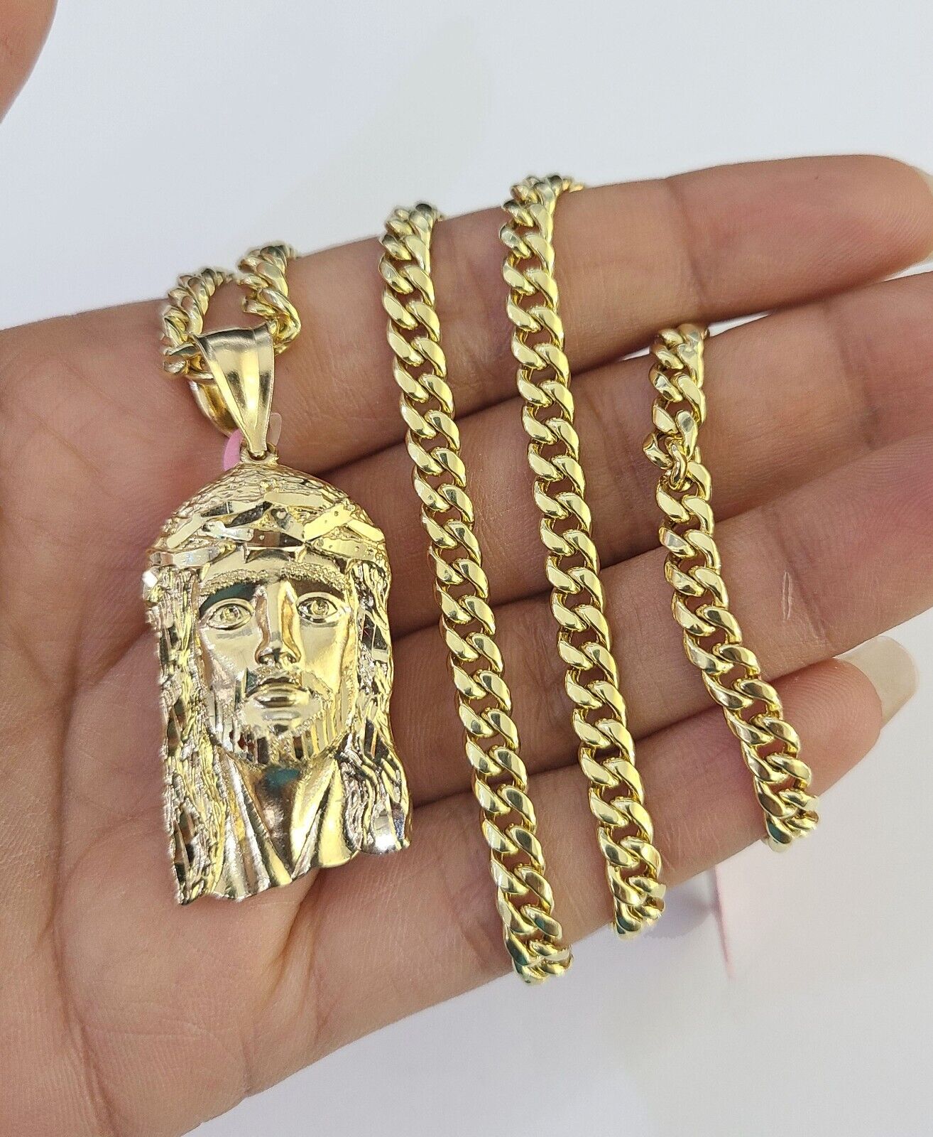 14k Chain Jesus Head Charm Set Miami Cuban Link 5mm 18"-30" Necklace Pendant