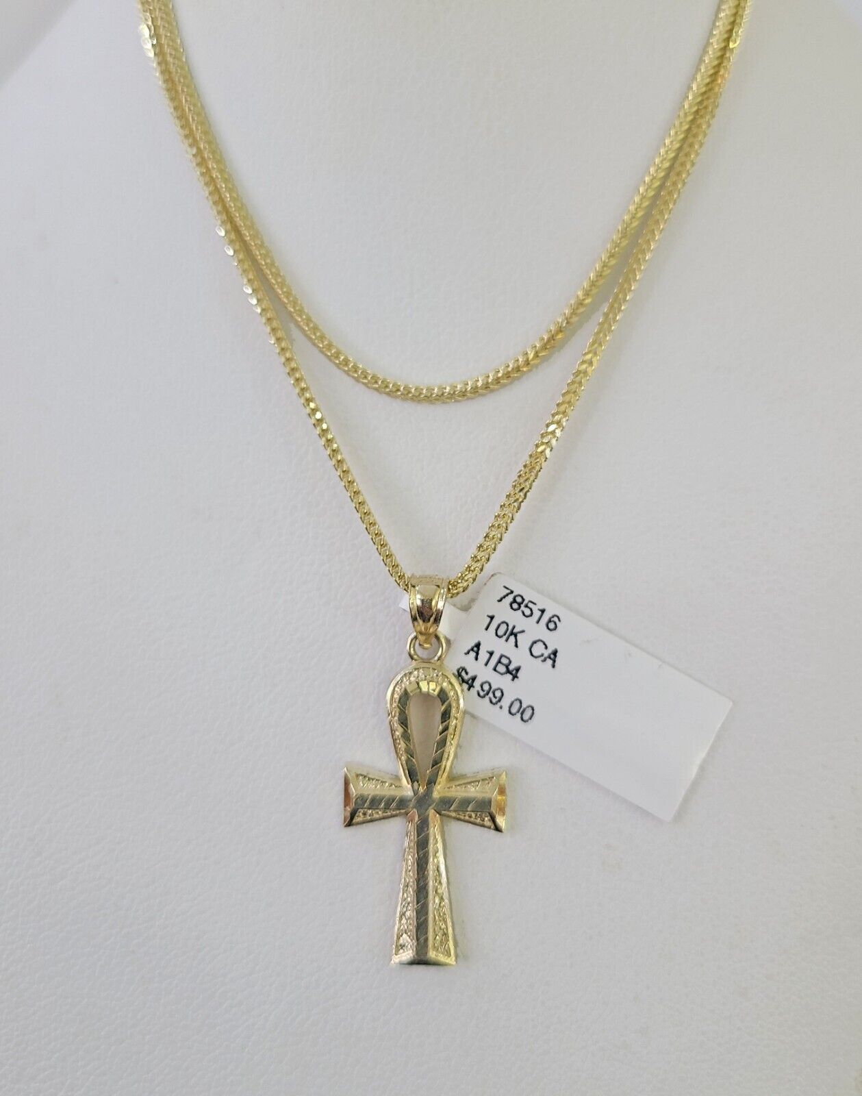 10K Gold Franco Chain Ankh Jesus Cross Charm SET 18-24 inches 1mm Necklace