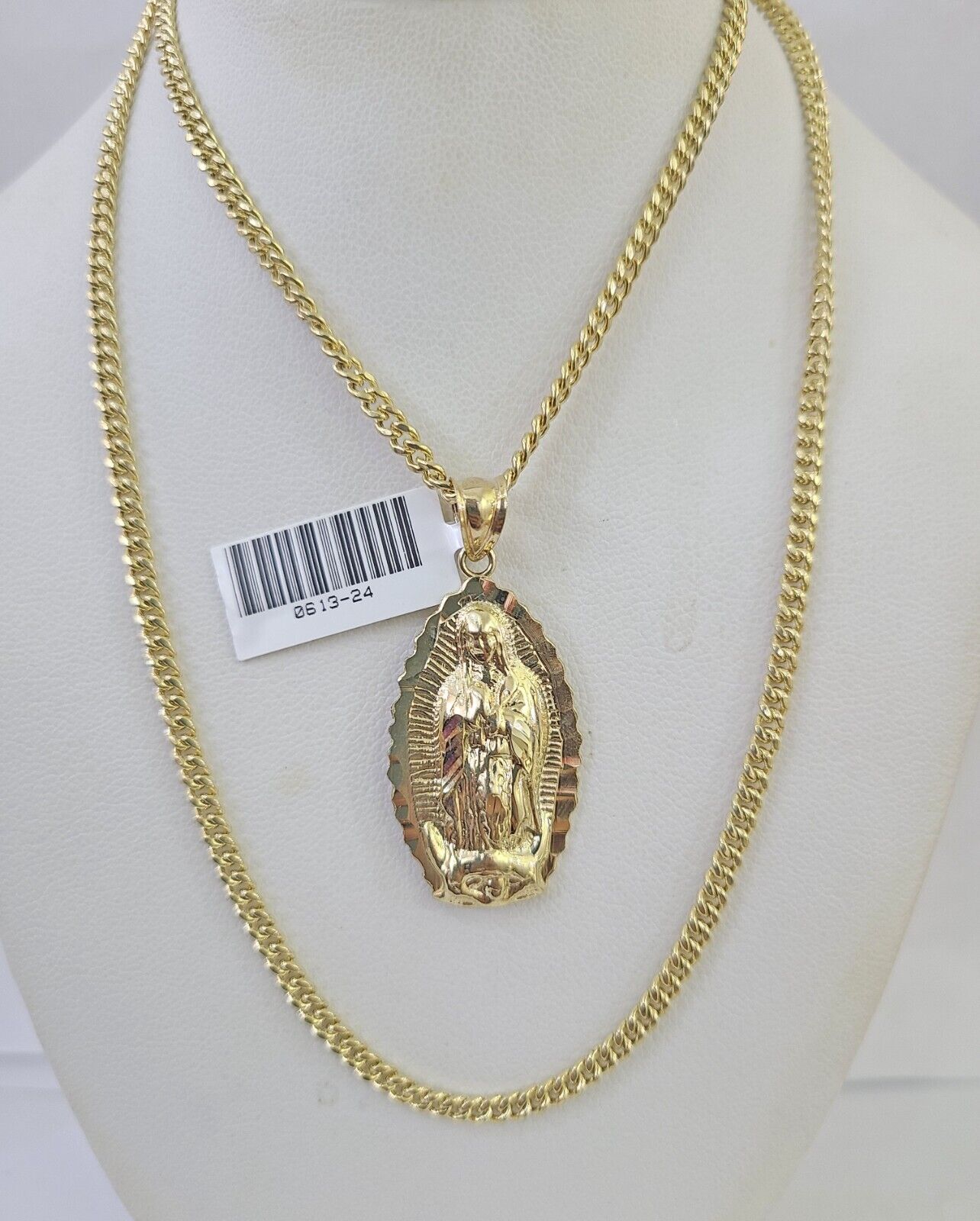 10K Gold Miami Cuban Chain Virgin Mary Charm 20"-28" 3mm REAL Pendant