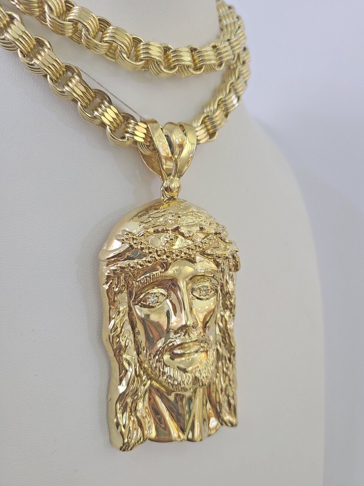 10k Gold Byzantine Necklace Jesus Head Charm 20-30 inches 9mm REAL SET Chain