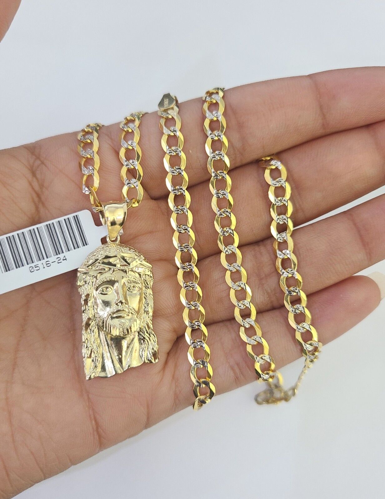 10k Gold Chain Jesus Head Charm Solid Cuban Curb Link 5mm 18"-28" Inch SET