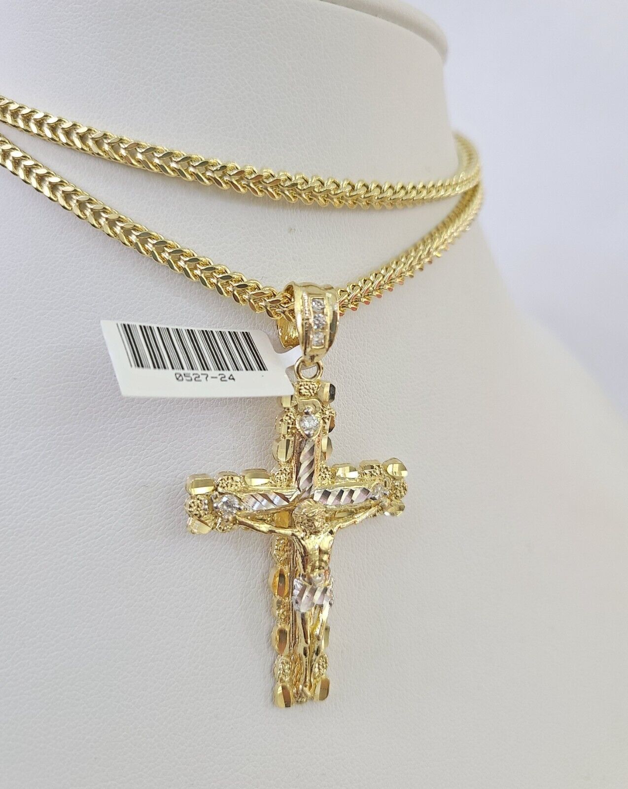 10K Franco Chain Jesus Cross Pendant Charm Necklace 20"-26" 3mm Gold Yellow SET