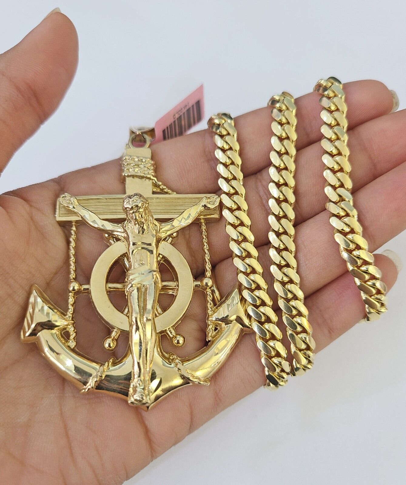 Real 14k Solid Chain Jesus Anchor Charm Set Miami Cuban 6mm Necklace Pendant