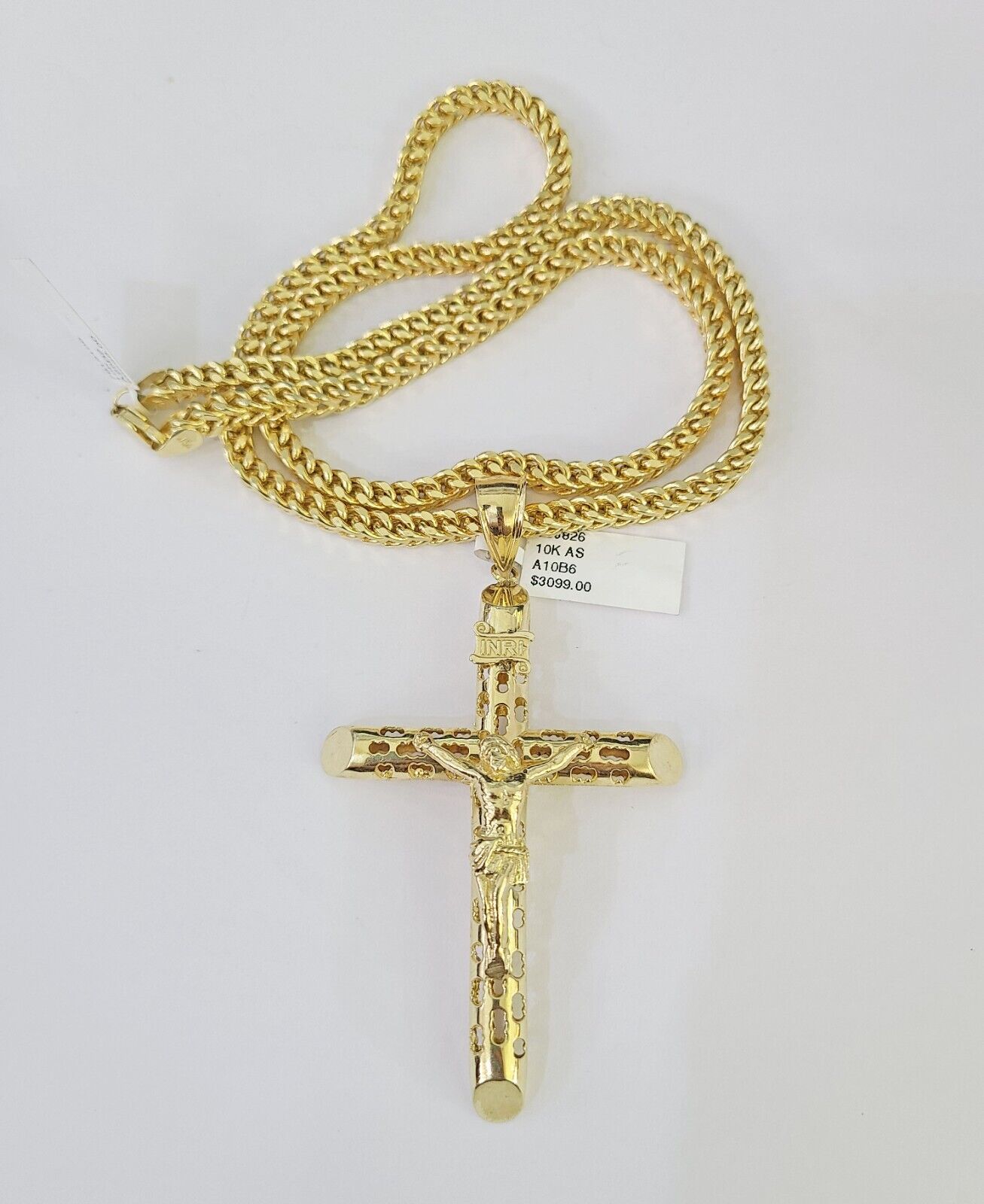 10K Franco Chain INRI Jesus Cross Pendant Charm Necklace 20"-26" 5mm Gold SET