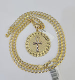 10k Gold Chain Medallion Ankh Charm Solid Cuban Curb Link 5mm 18"-28" Inch SET