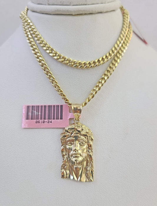 Real 14k Chain Jesus Head Charm Set Miami Cuban Link 4mm Necklace Pendant