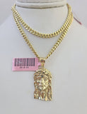 Real 14k Chain Jesus Head Charm Set Miami Cuban Link 4mm Necklace Pendant