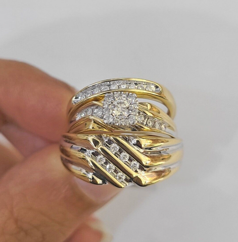 REAL 14k Diamond Ring Yellow Gold Ladies Men Trio SET Wedding Engagement Genuine