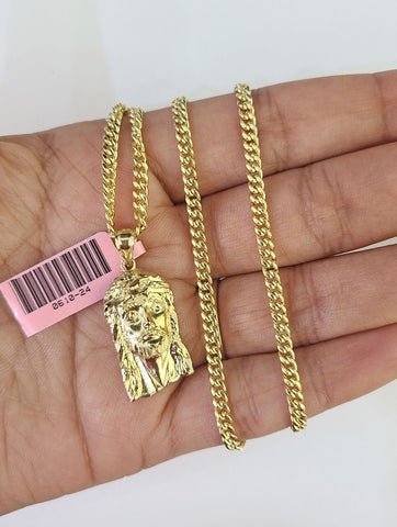 14k Miami Cuban Chain Jesus Head Charm Yellow Gold Set 3mm 18"-28" Necklace