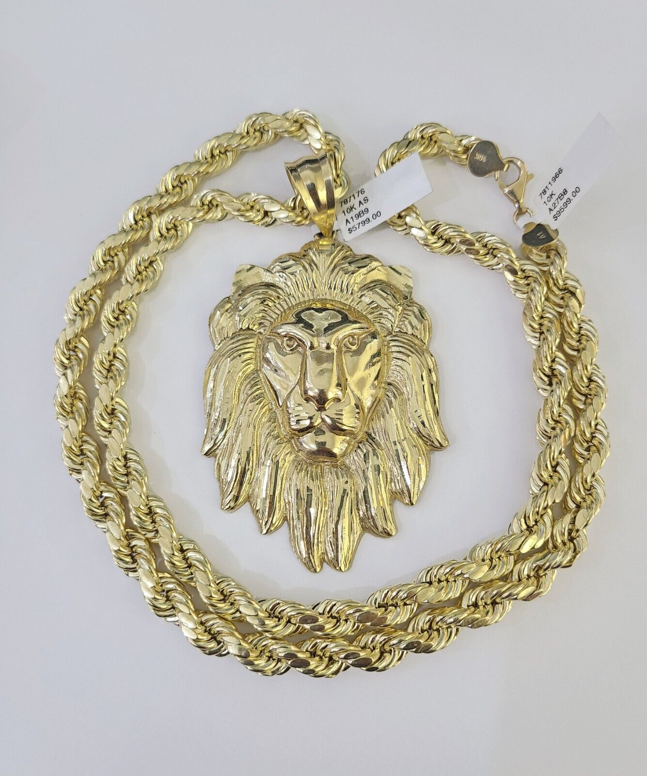 Real 10k Rope Chain Lion Head Charm Set 8mm 20"-30" Inch Necklace Yellow Gold