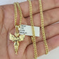 10K Gold Miami Cuban Chain Praying Angel 18"-28" 3mm REAL Pendant Necklace SET