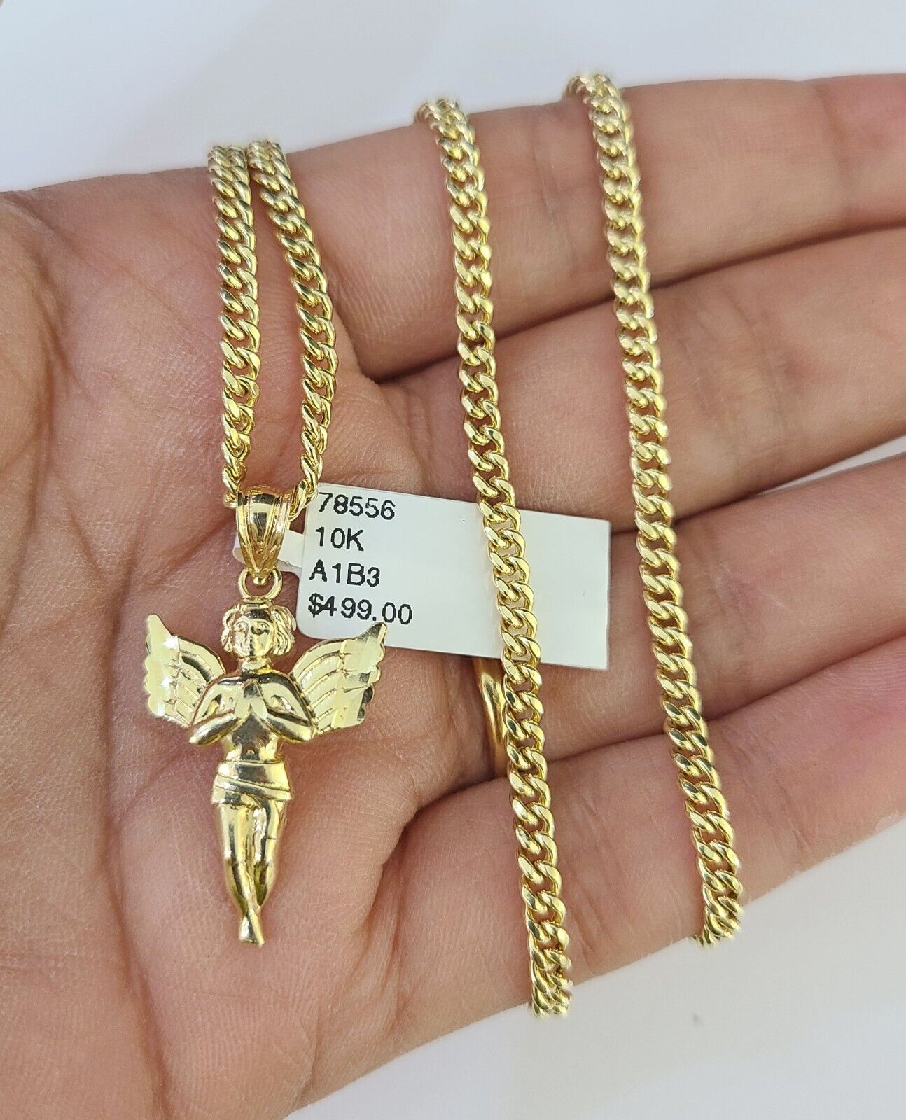 10K Gold Miami Cuban Chain Praying Angel 18"-28" 3mm REAL Pendant Necklace SET