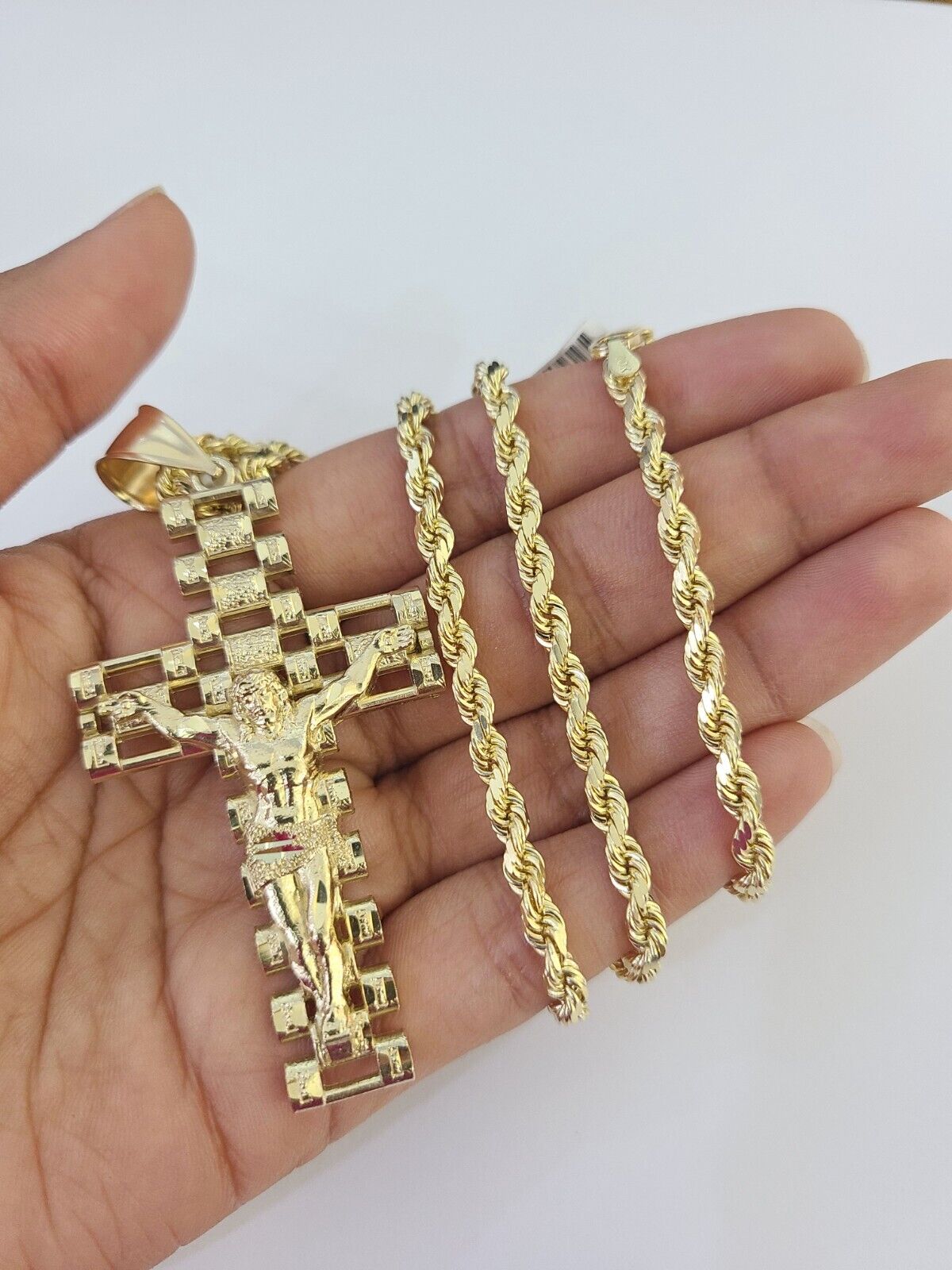 10k Solid Rope Chain Jesus Cross Charm Set 4mm 20"-28" Necklace Gold Yellow