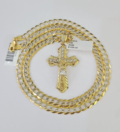 10k Solid Gold Cuban Curb Chain Jesus Cross Pendant 6mm 20"-30" SET Necklace