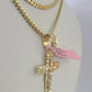 Real 14k Solid Chain Cross Charm Set Miami Cuban Link 3mm Necklace Pendant Gold