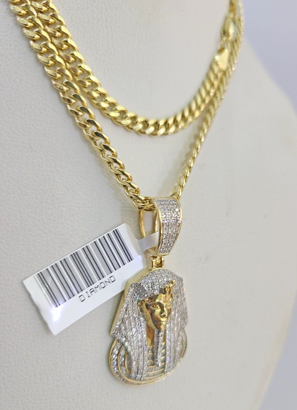 10k Miami Cuban Chain Diamond Pharaoh Charm Set 4mm 18"-28" Necklace Gold