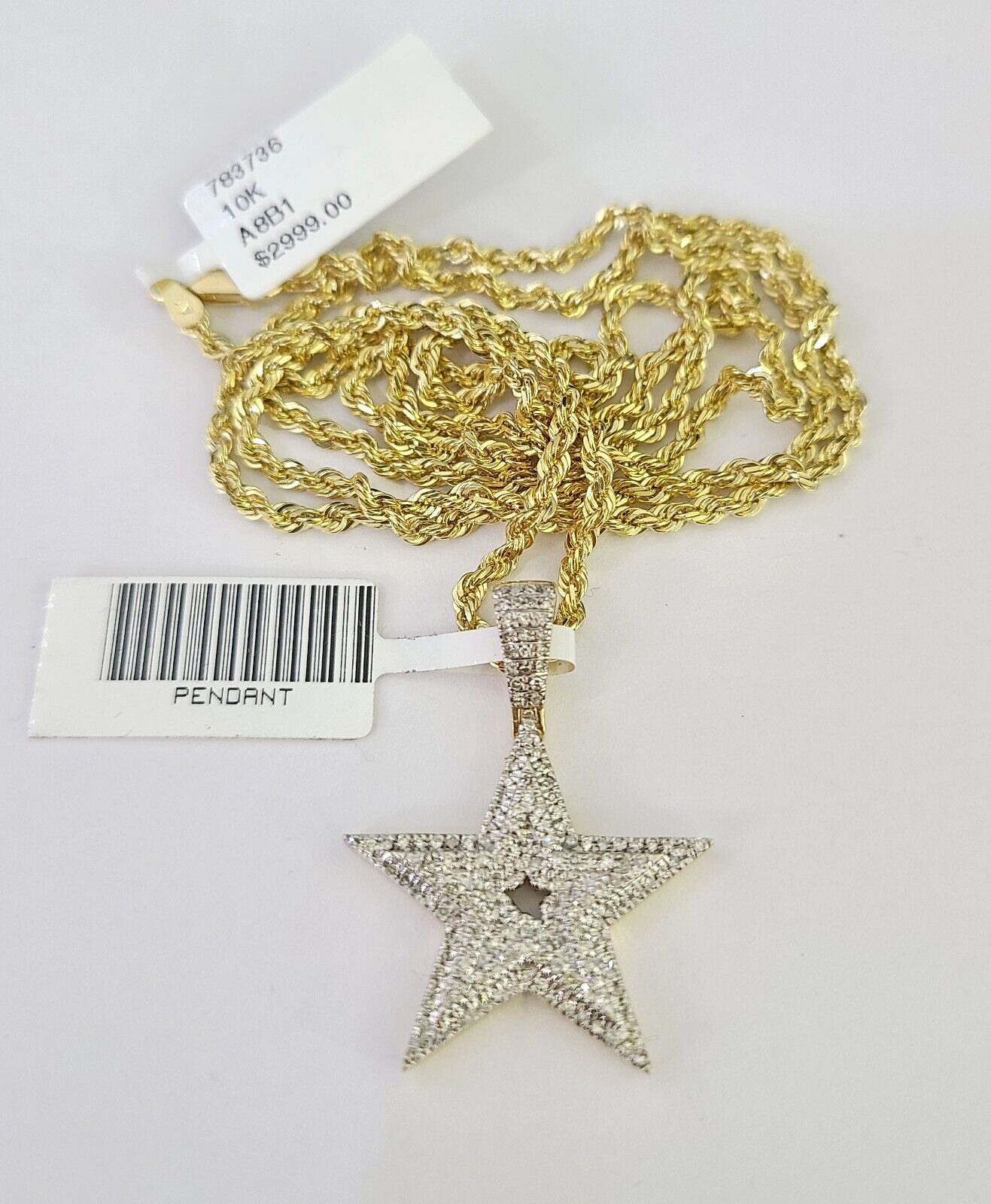 10k Solid Rope Chain 2mm Star Diamond Pendant Charm Necklace SET 18-22 in