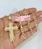 14k Solid Figaro Chain Jesus Cross Pendant Gold 4mm 18"-28" SET Necklace