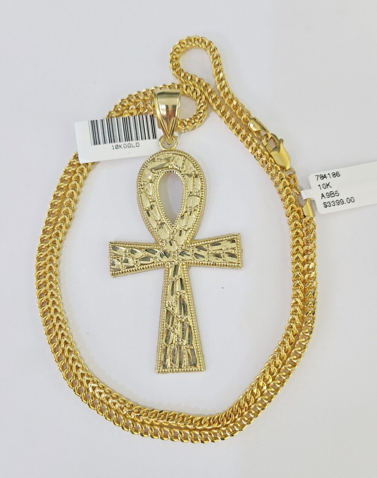 10K Franco Chain Ankh Cross Pendant Charm Necklace 20"-26" 3mm Gold