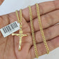 10K Gold Miami Cuban Chain INRI Jesus Cross 18"-28" 3mm Pendant Necklace SET