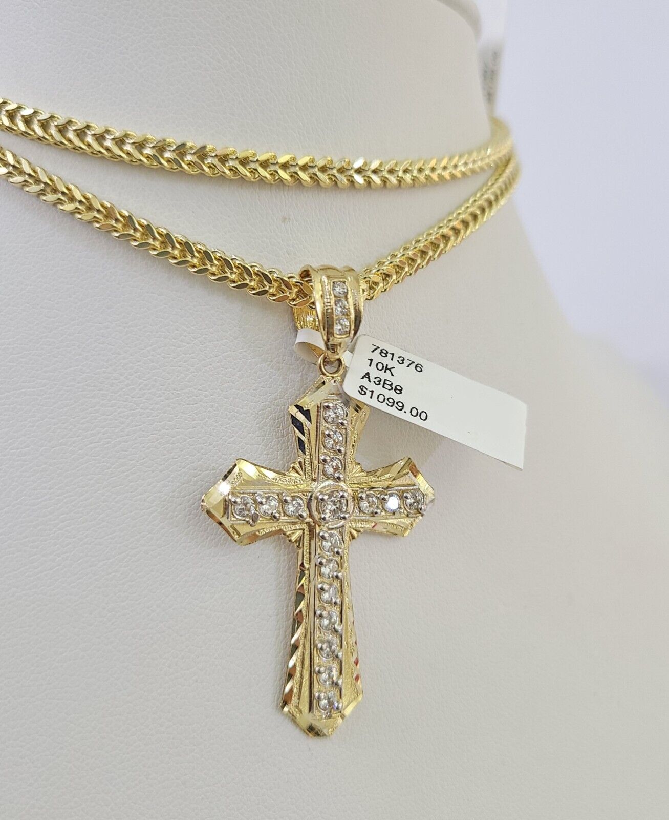 10K Franco Chain Jesus Cross Pendant Charm Necklace 20"-26" 3mm Gold Yellow SET