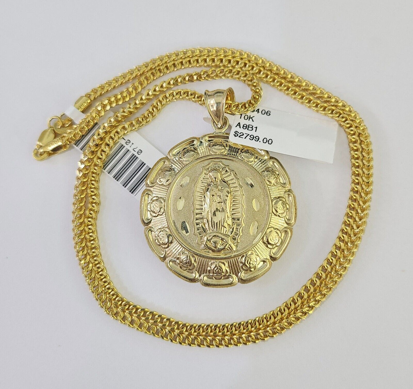 10K Gold Franco Chain Jesus Mary Charm Pendant 20-26 inches 2.5mm REAL Yellow