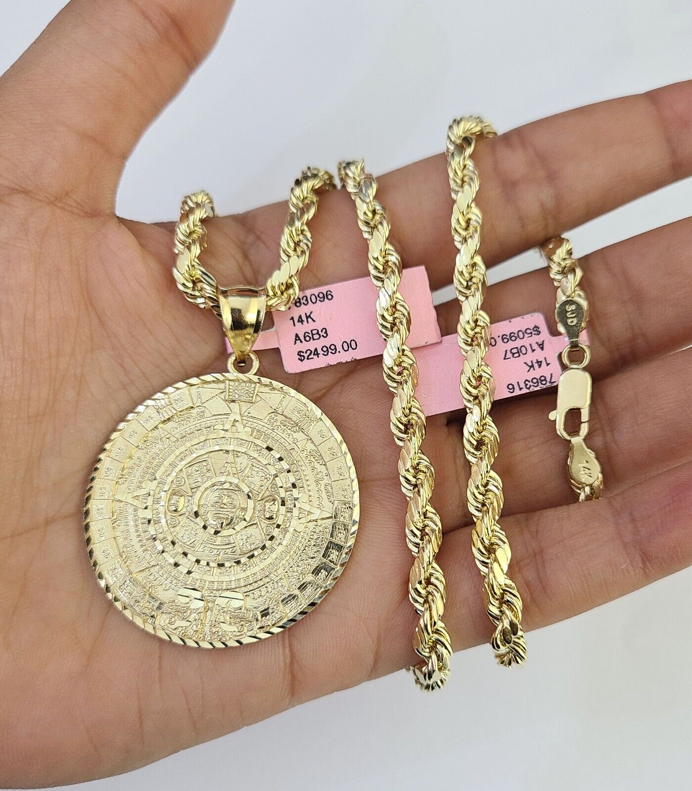 Real 14k Rope Chain Mayan Calendar Charm Yellow Gold Set 5mm 20"-30" Necklace