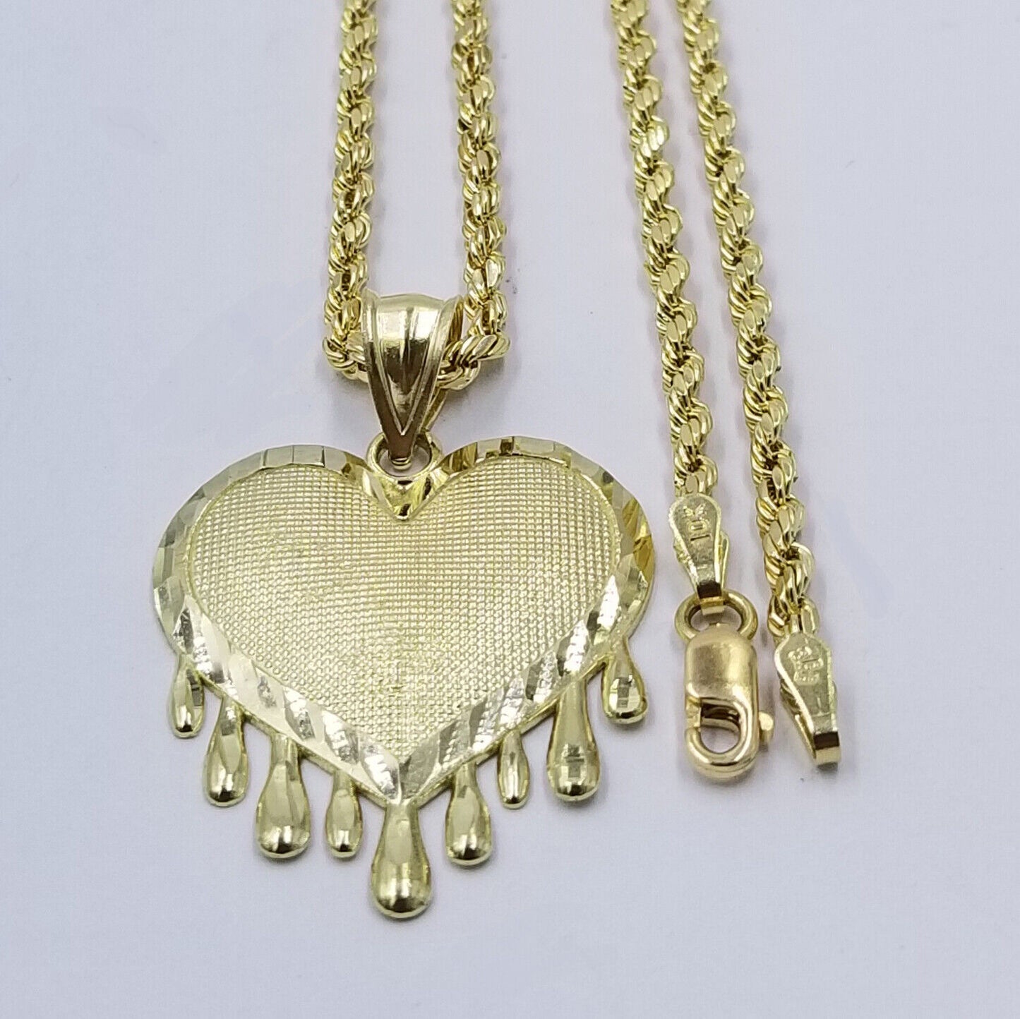 10k Yellow Gold Rope Chain 2.5mm Heart Diamond Cut Pendant