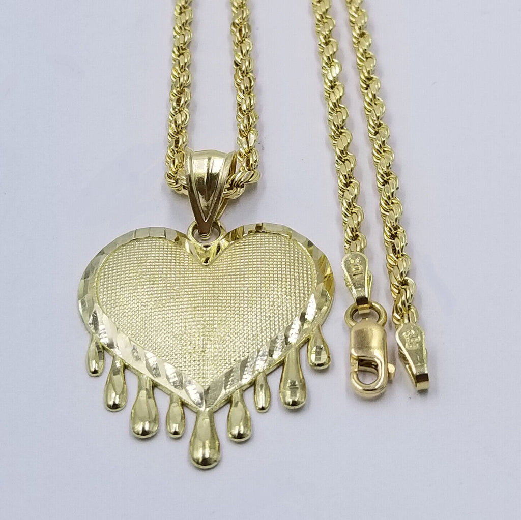 10k Yellow Gold Rope Chain 2.5mm Heart Diamond Cut Pendant