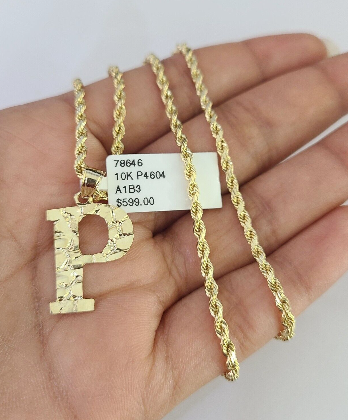 10k Gold Initial P Charm Rope Chain 16"-26" 2.5mm SET Necklace Alphabet Pendant