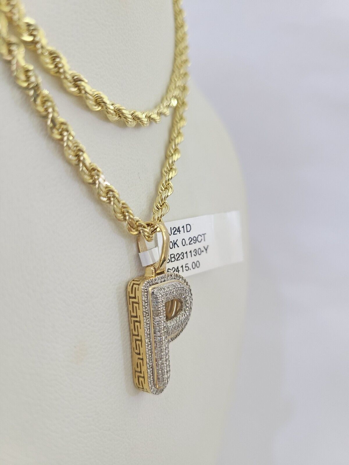 10k 3mm Rope Solid Chain P Diamond Pendant Alphabet 18"-28" Gold Charm Necklace