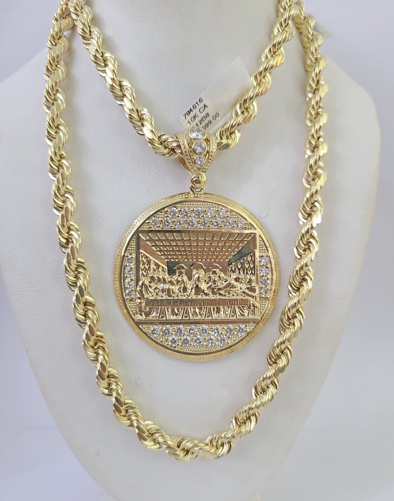 Real 10k Rope Chain Last Supper Charm Set 7mm 20"-28" Inch Necklace Yellow Gold