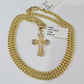 10k Gold Chain Miami Cuban Jesus Cross Charm Pendant Set 4mm 18"-28" Necklace