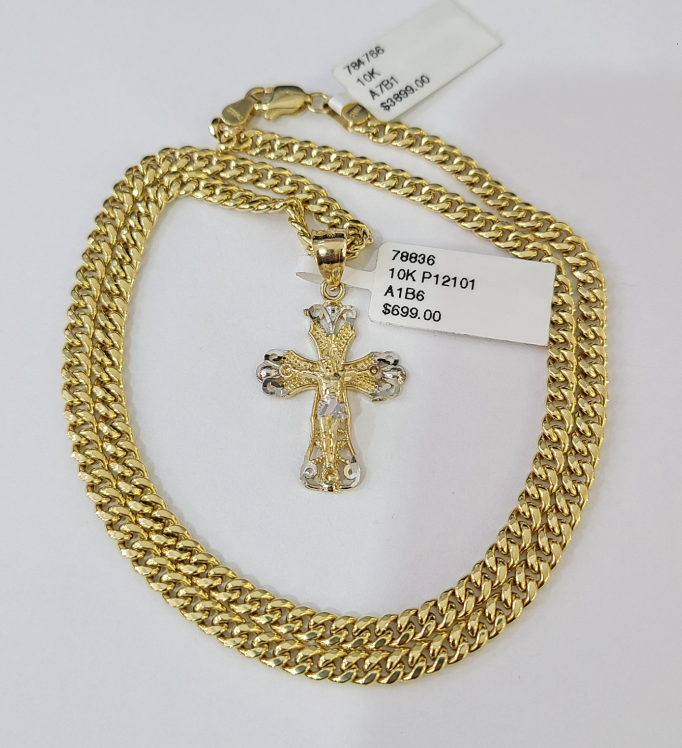 10k Gold Chain Miami Cuban Jesus Cross Charm Pendant Set 4mm 18"-28" Necklace