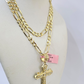 14k Solid Figaro Chain Jesus Cross Pendant Gold 5mm 18-28 inch SET Necklace