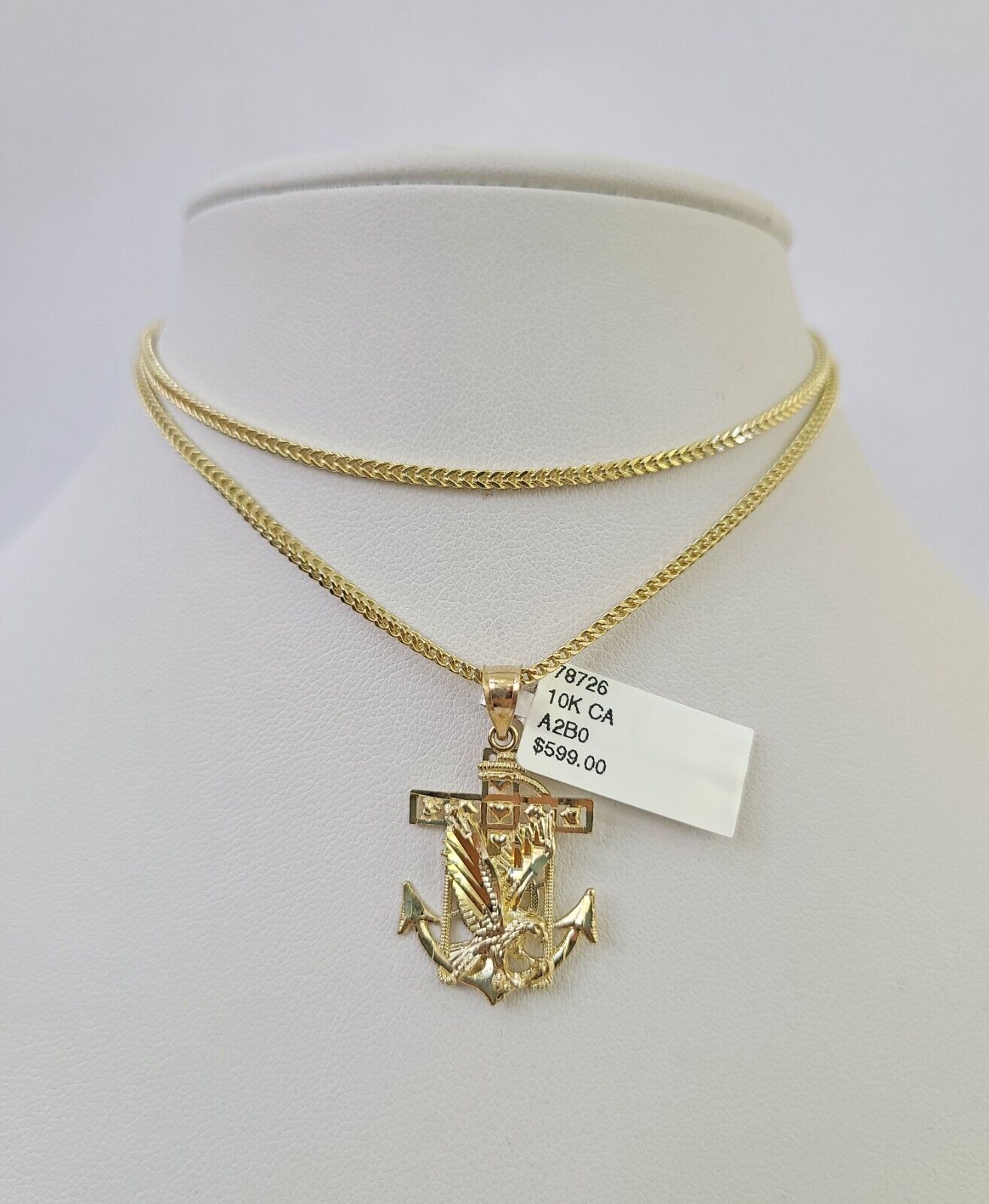 10K Franco Chain Eagle Anchor Pendant Charm Necklace 16"-24" 2mm Gold SET Yellow