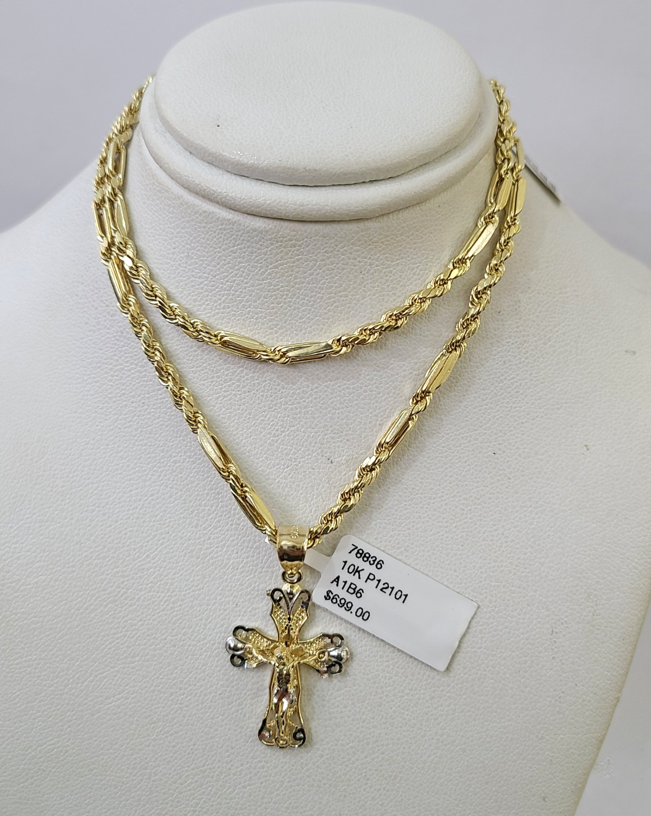 10k Milano Rope Chain Jesus Cross Charm Necklace SET 3mm 18"-26" Pendant