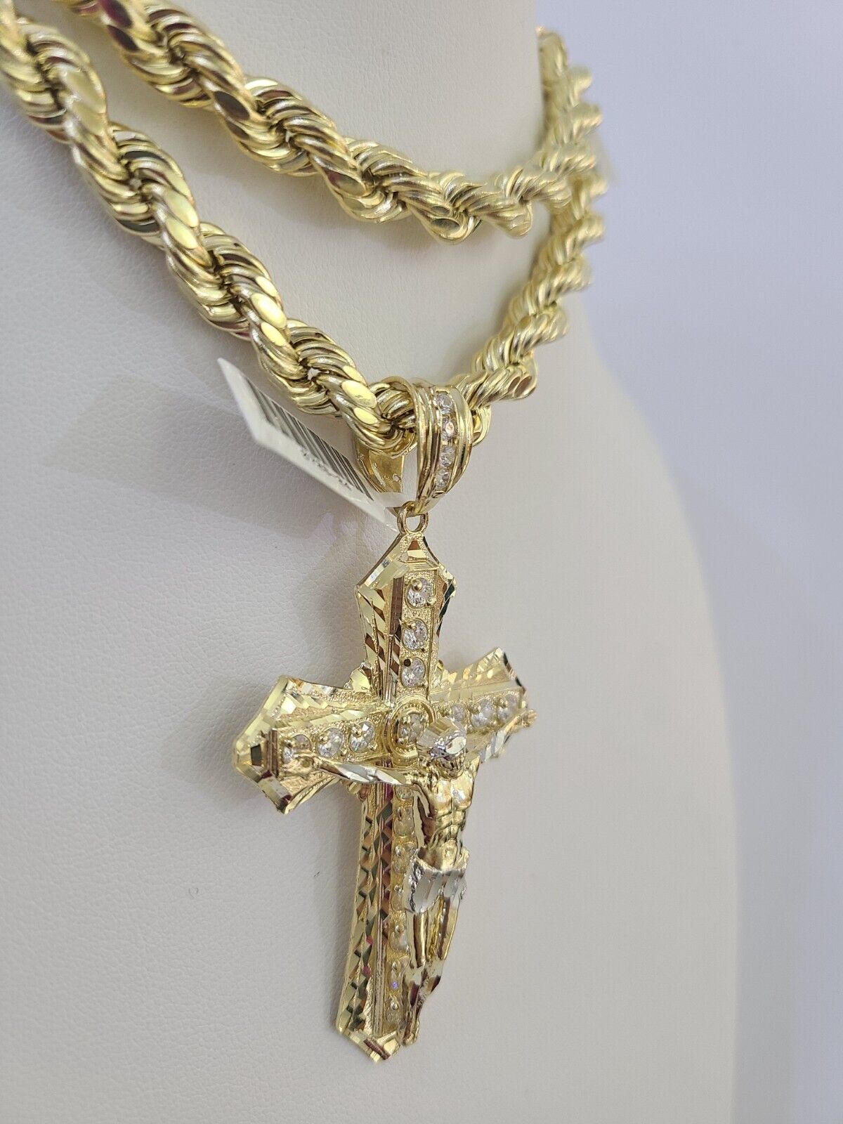 Real 10k Rope Chain Jesus Cross Charm Set 8mm 20"-30" Inch Necklace Yellow Gold