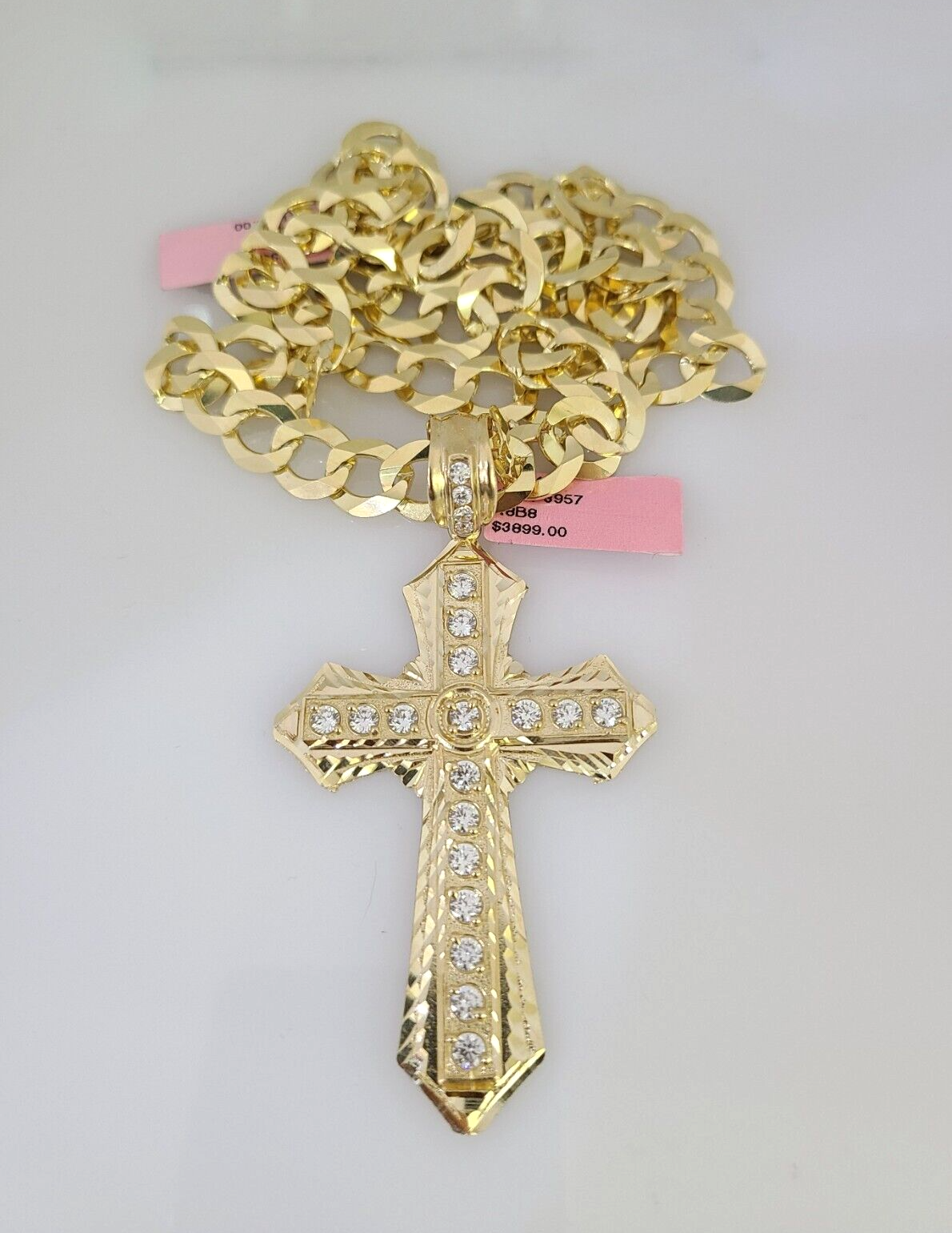 14k Gold Chain Jesus Cross Charm Solid Cuban Curb 10mm 20"-30" SET Necklace