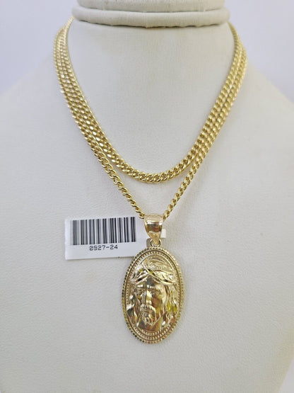 10K Gold Miami Cuban Chain Jesus Head 18"-28" 3mm Pendant Necklace SET Charm