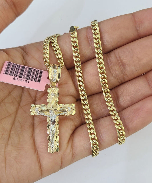 Real 14k Chain Cross Charm Set Miami Cuban Link 4mm Necklace Pendant Yellow Gold