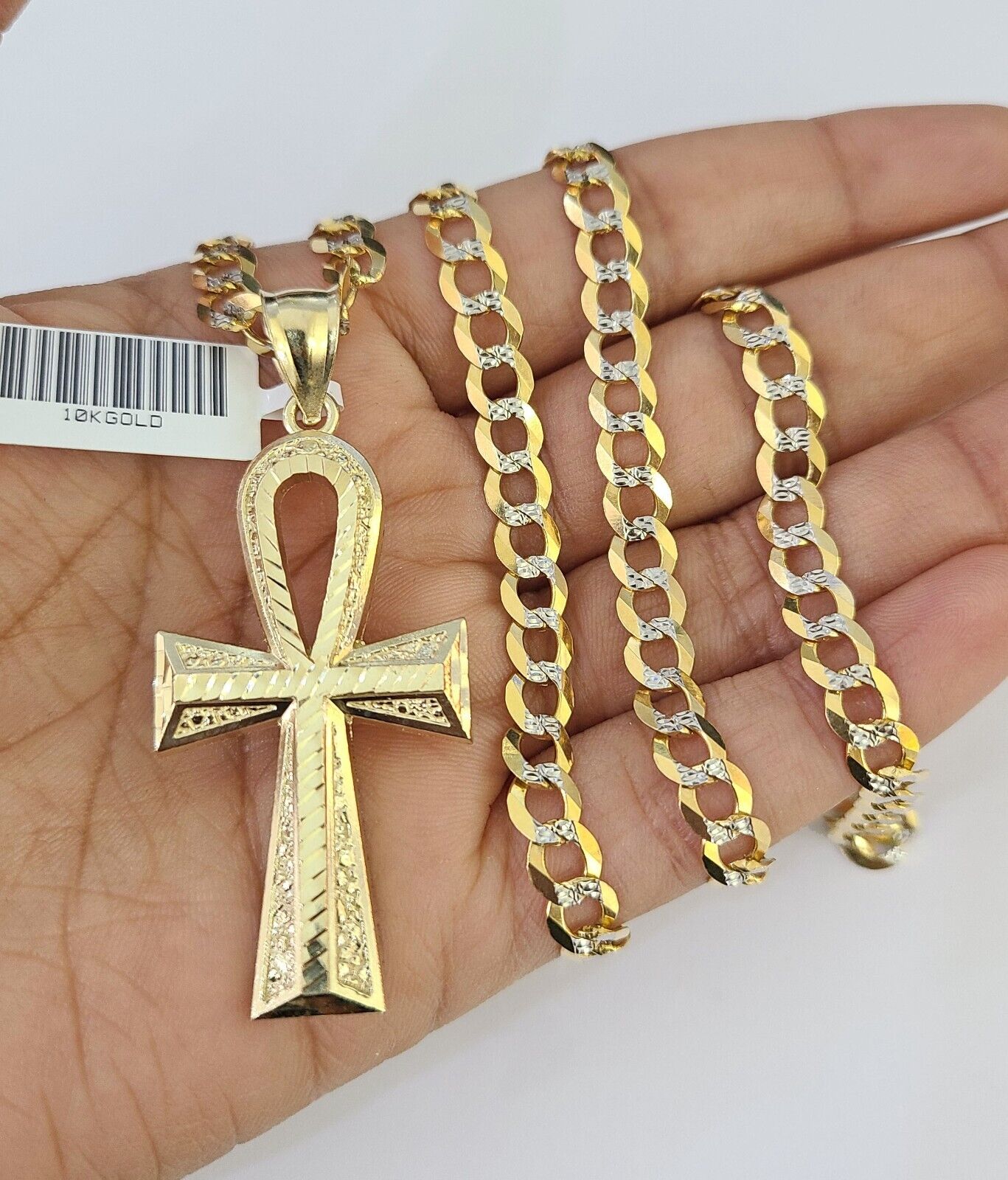 10k Solid Gold Cuban Curb Chain Jesus Cross Pendant 6mm 20"-30" SET Necklace