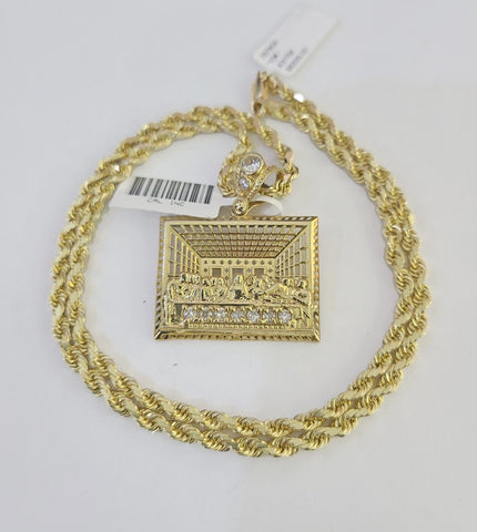 10k Solid Rope Chain Last Supper Charm Set 4mm 18"-30" Necklace Gold Pendant