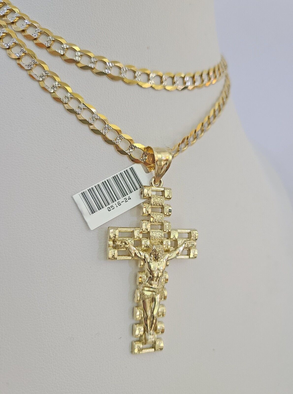 10k Solid Gold Cuban Curb Chain Jesus Cross Pendant 6mm 20"-30" SET Necklace