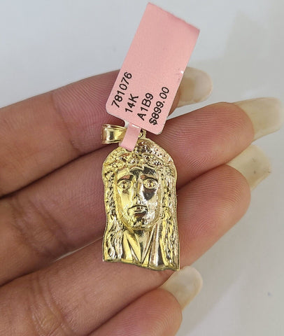 14k Miami Cuban Chain Jesus Head Charm Yellow Gold Set 3mm 18"-28" Necklace