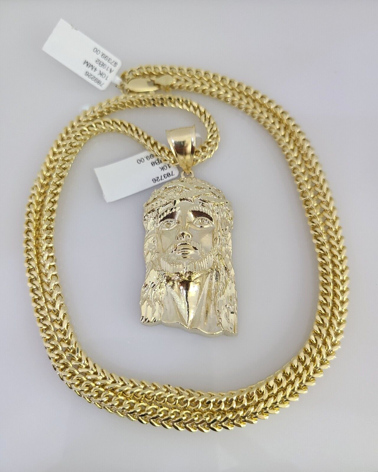 10K Franco Chain Necklace Jesus Head Pendant Charm 20"-28" 4mm Yellow Gold SET