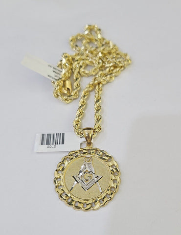 10k Yellow Gold Rope Chain Masonic Charm Set 4mm 18"-26"Inch Necklace