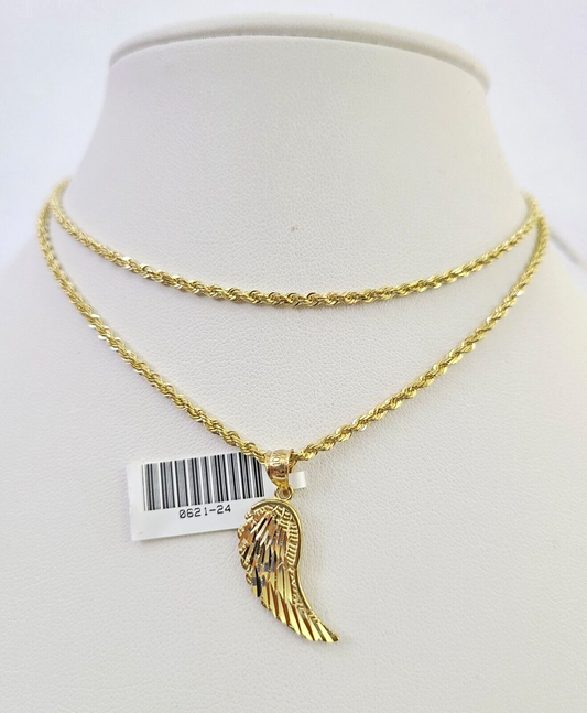 10k Solid Rope Chain 2mm Angel Wings Pendant Charm Necklace SET 16"-22" Ladies