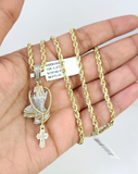 10k Solid Rope Chain Praying Hands Pendant Diamond Necklace 20"-28" Gold Set 3mm